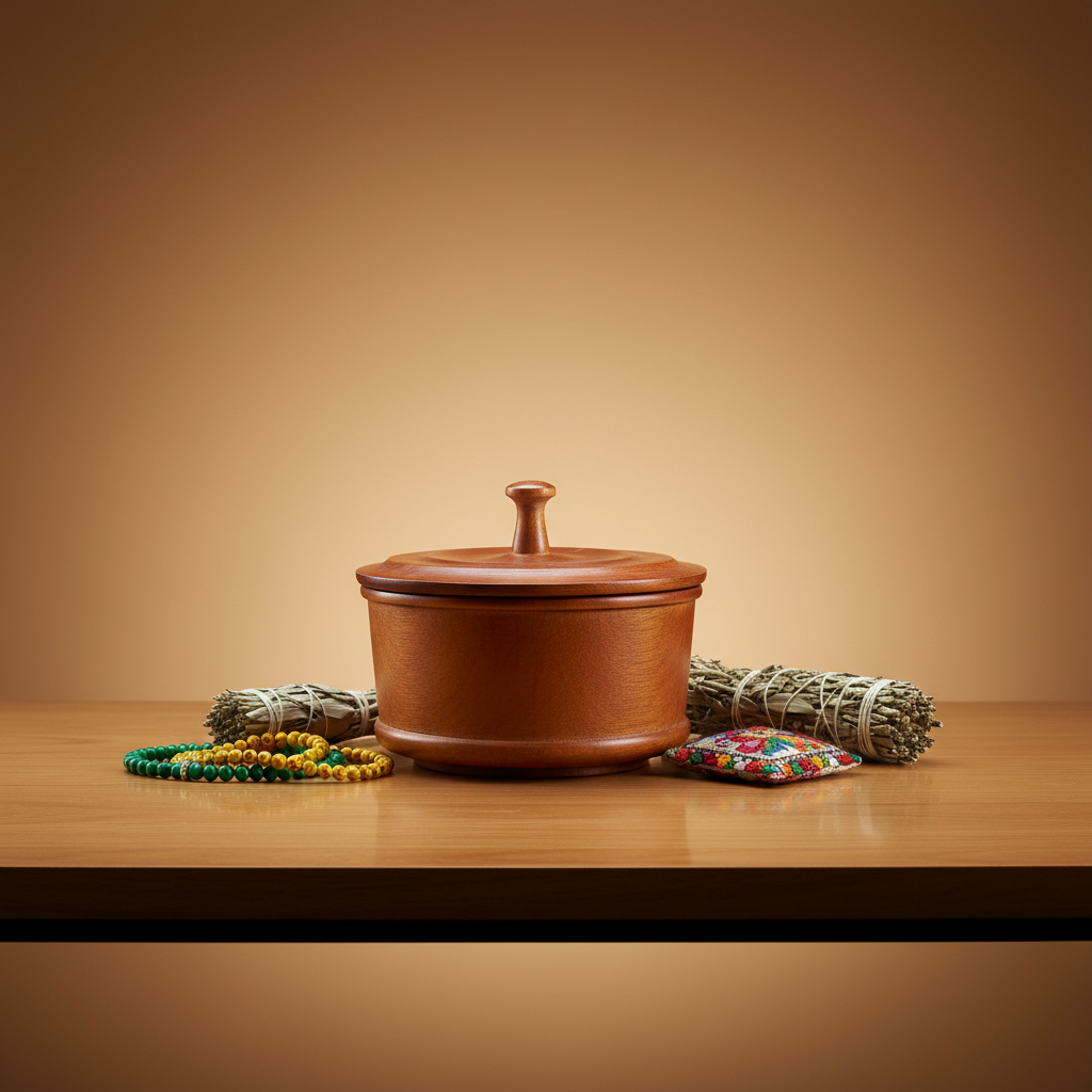 Generate a vivid, professional studio setup image of the Wooden Bowl for Orula, placed on a minimalist, elegant wooden table against a gradient background blending warm amber and soft cream tones. Use studio softbox lighting from above and to the side to e