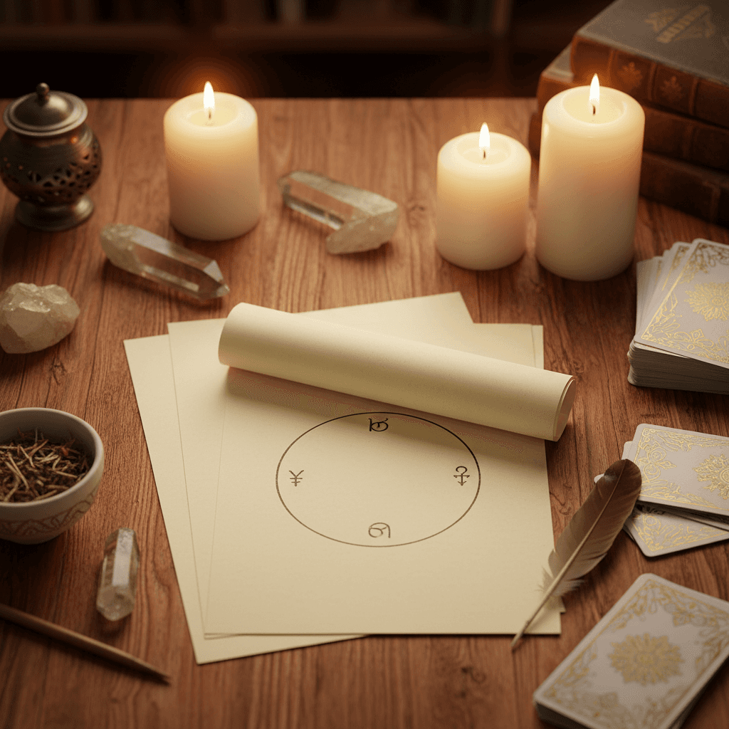 Compose an elegant lifestyle scene featuring the parchment in an artisan's ritual workspace. Use HDR studio lighting to create a warm, inviting atmosphere that highlights the timeless, mystical qualities of the parchment. Capture from a top-down angle with