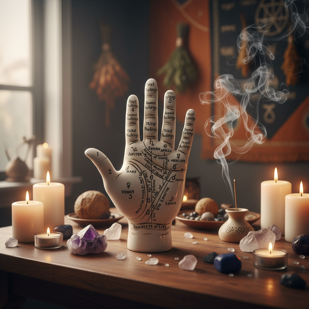 Create a visually captivating, cinematic lifestyle scene set in a mystical ritual space, showcasing the 9.5-inch palmistry hand statue placed on a polished wooden altar surrounded by candles, crystals, and incense smoke. The lighting is soft and diffused,