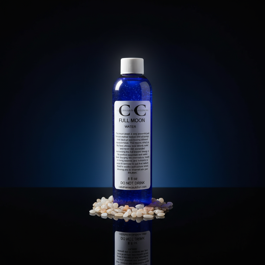 Create a highly detailed studio product shot of 'Full Moon Water, 8 Ounces' displayed on a sleek, reflective black surface under a softbox lighting setup that highlights the translucent, shimmering qualities of the water. Use a macro lens at a 100mm focal
