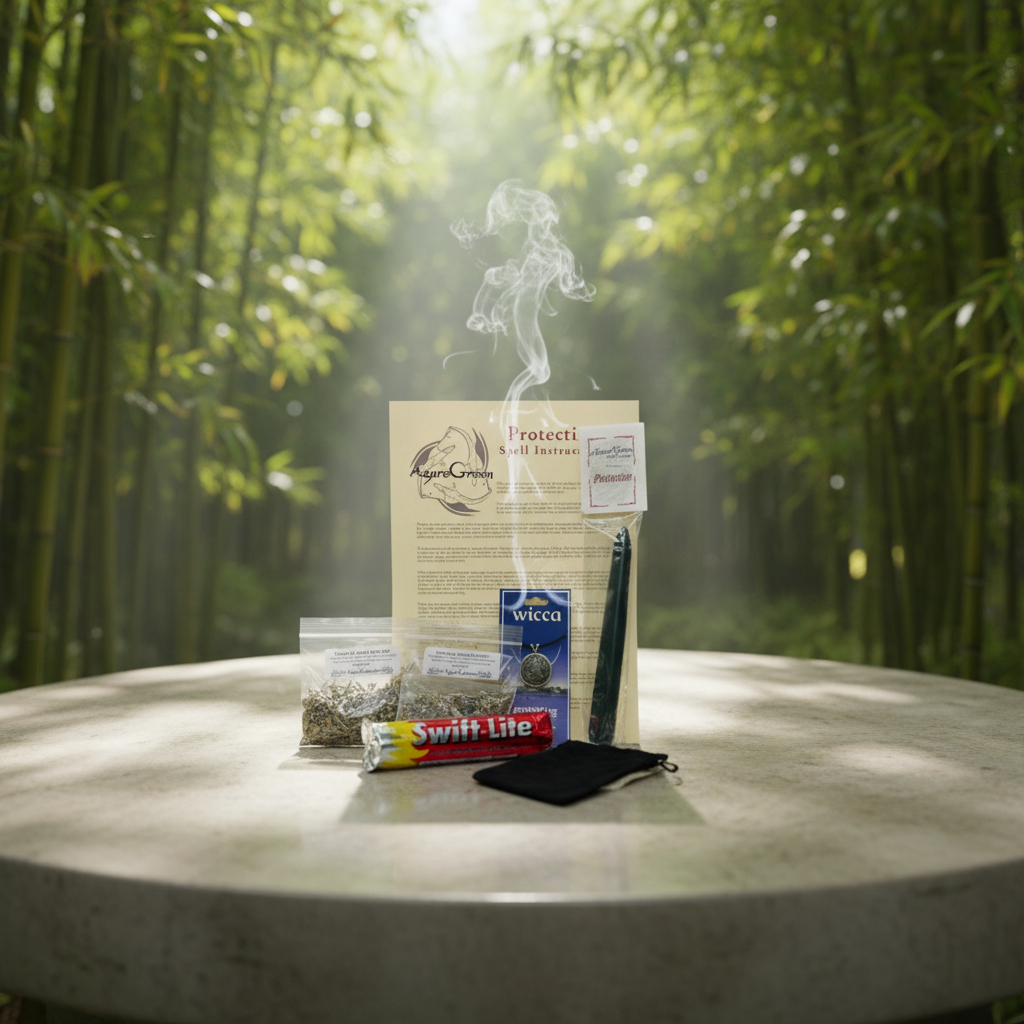 Depict the Protection Ritual Kit by AzureGreen in a serene, natural bamboo grove setting, arranged on a clean, smooth stone surface. Use diffused daylight with fill lights to create a bright, tranquil mood, emphasizing the natural textures of the herbs, ca