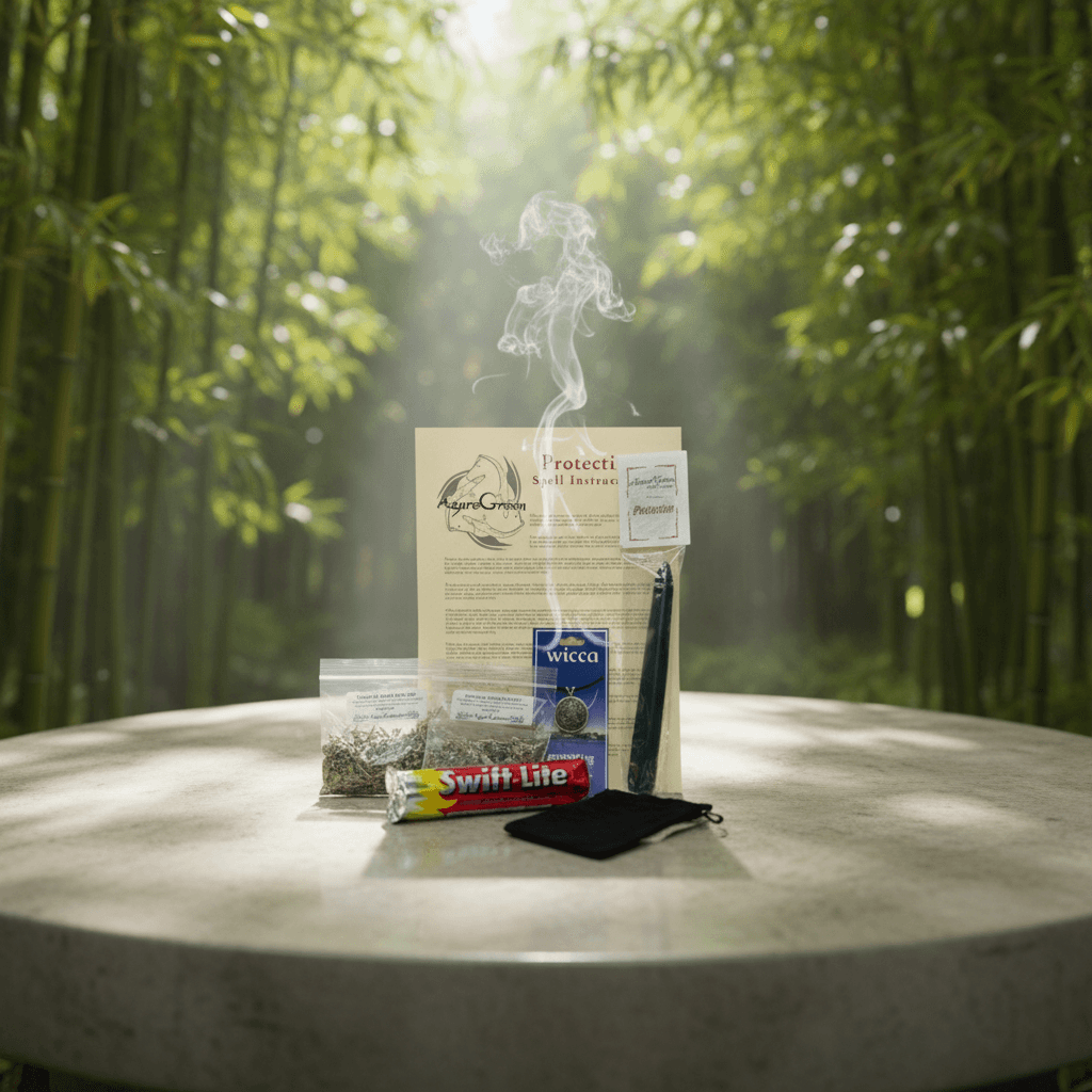 Depict the Protection Ritual Kit by AzureGreen in a serene, natural bamboo grove setting, arranged on a clean, smooth stone surface. Use diffused daylight with fill lights to create a bright, tranquil mood, emphasizing the natural textures of the herbs, ca