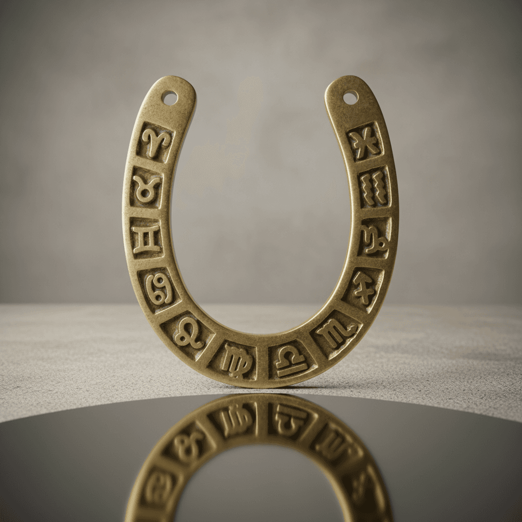 Display the Zodiac horseshoe in a refined, studio setting with a minimalist, softly lit background. Use diffused daylight balanced HDR studio lighting to evenly illuminate the piece, enhancing the metallic sheen and detailed etchings of the star signs. The