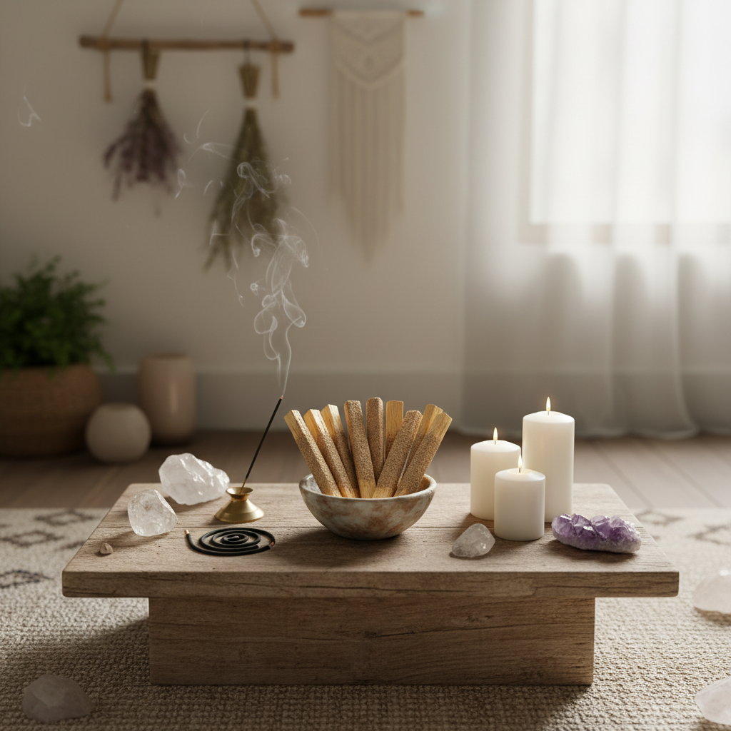 Create a vibrant, lifestyle scene of a meditative space where the White Sage Palo Santo Dip Sticks are prominently displayed on a rustic wooden altar alongside crystals, candles, and incense, lit softly by diffuse daylight. Use a wide-angle shot from a sli