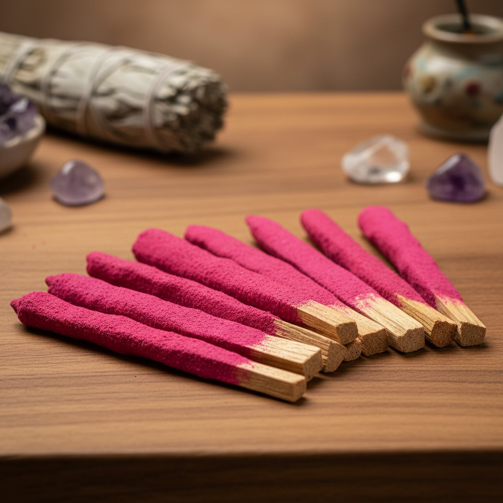 Create a highly detailed image of the Jasmine Palo Santo Dip Sticks, set of 25, arranged elegantly on a polished wooden ritual table in a serene, softly lit studio environment. Use a softbox lighting style to evoke a calm, gentle glow, emphasizing the warm