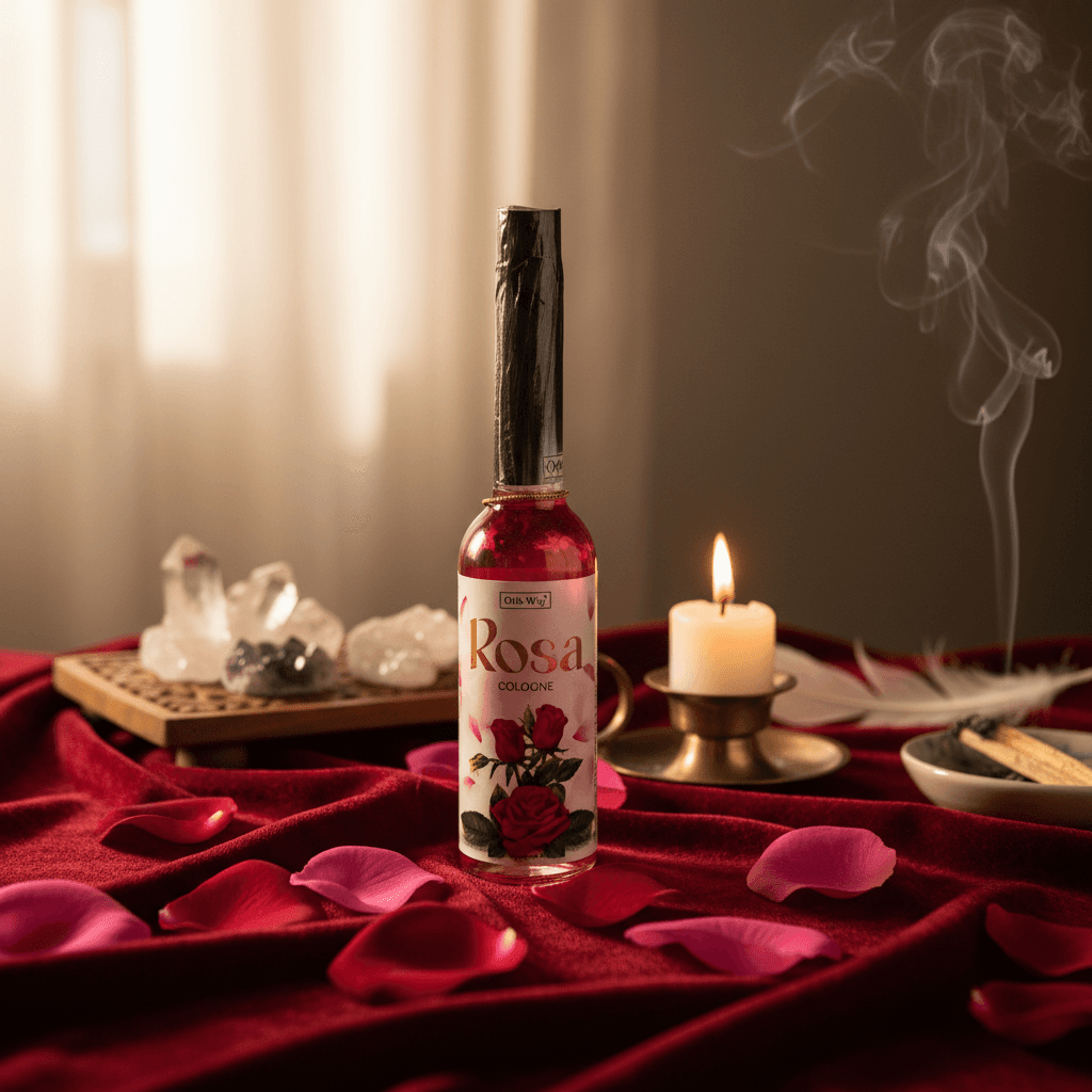 A vibrant lifestyle scene showcasing the Rose Cologne by Ohli Way, 7.5 oz in an atmospheric, softly lit setting designed for spiritual practitioners. The cologne bottle sits atop a richly textured, deep red velvet cloth, with gentle, diffused daylight filt
