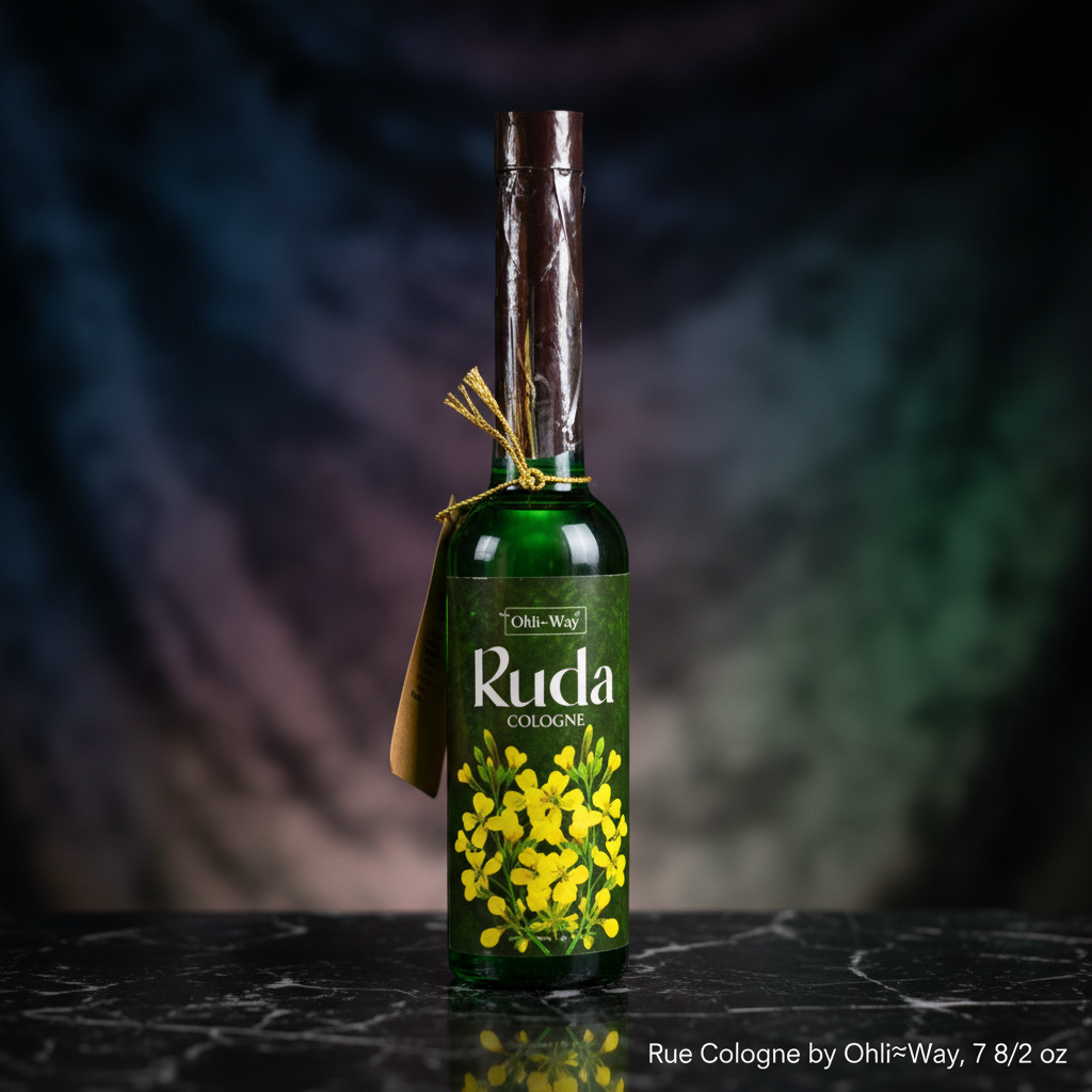 A close-up studio shot of Rue Cologne by Ohli~Way, 7 1/2 oz, positioned on a reflective black marble surface. The scene is lit with softbox lighting to emphasize the luminous, textured glass bottle with intricate engravings that evoke mystical symbols. Beh