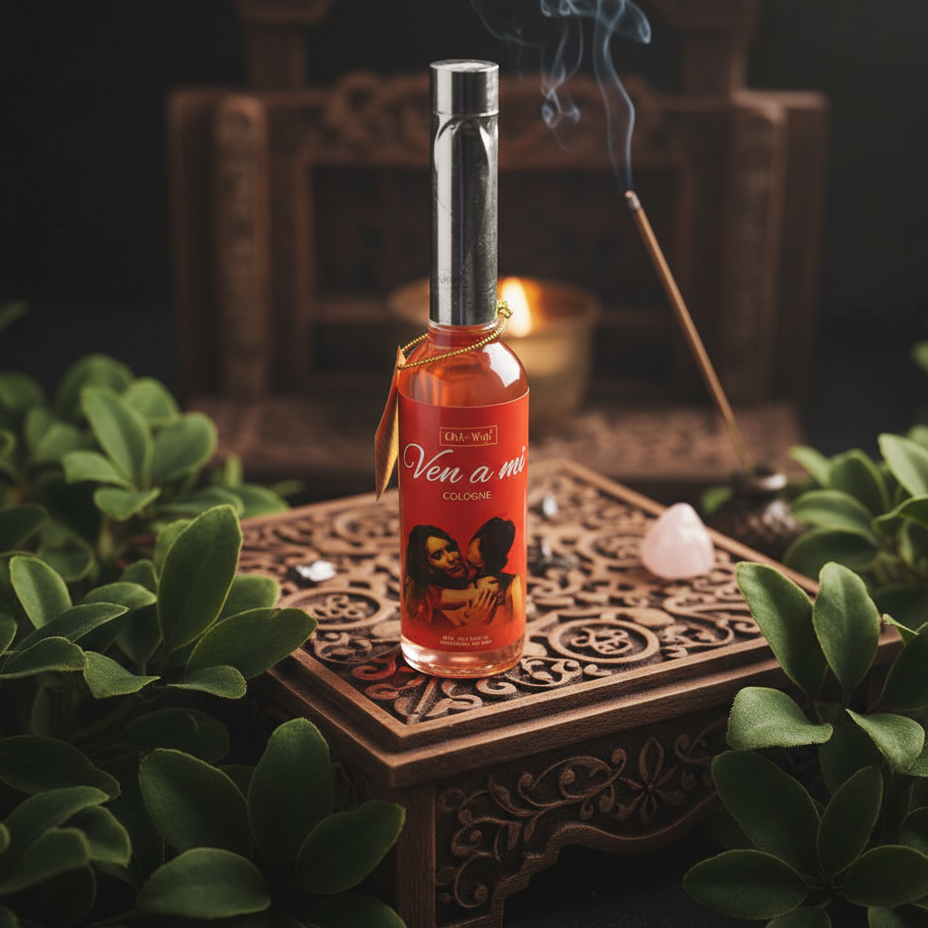 Set in a softly illuminated, sacred ritual space with warm, ambient lighting, this highly detailed scene features the 'Come To Me Cologne' prominently displayed on an ornate, vintage wooden altar. The bottle, crafted from clear glass with a smooth, rounded
