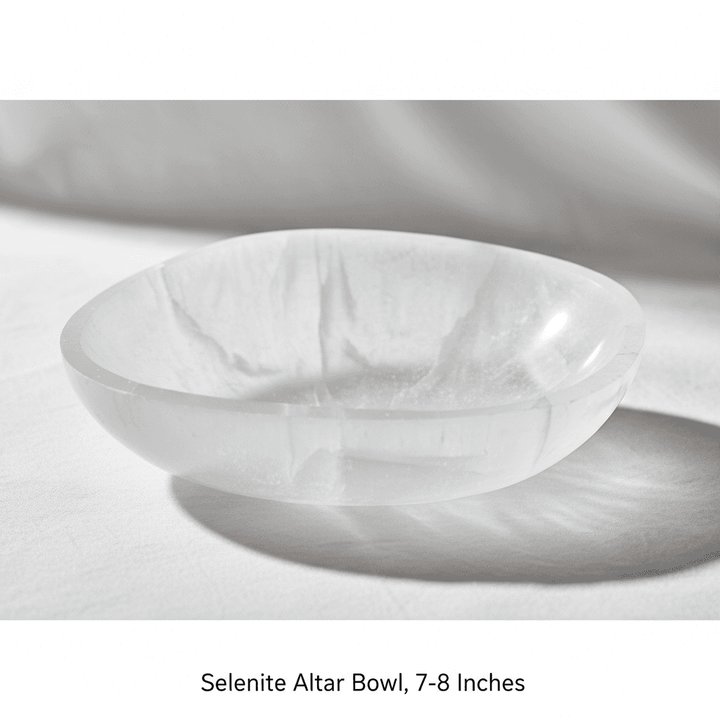 Capture a cinematic, high-resolution studio shot of the Selenite Altar Bowl, 7-8 inches in size, centered on a minimalist, softly textured white backdrop. Use HDR studio lighting with a combination of softbox diffuse daylight and rim lights to emphasize th