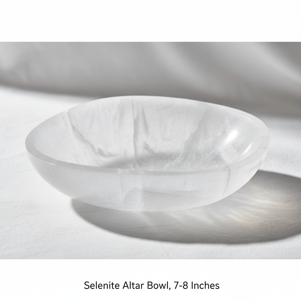 Capture a cinematic, high-resolution studio shot of the Selenite Altar Bowl, 7-8 inches in size, centered on a minimalist, softly textured white backdrop. Use HDR studio lighting with a combination of softbox diffuse daylight and rim lights to emphasize th