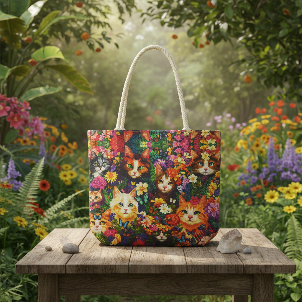 Visualize an outdoor lifestyle scene with a focus on natural spirituality: the jute tote bag resting on a rustic wooden table amidst lush greenery and blooming flowers. The lighting mimics diffused daylight, creating a soft, calming effect. The camera angl