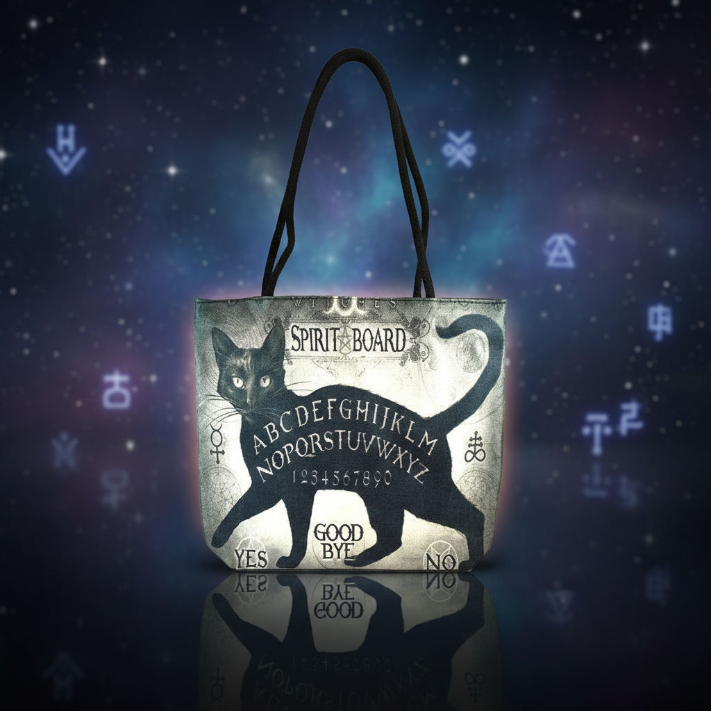 Capture a highly detailed, cinematic studio scene featuring the Cat Spirit Board Tote Bag, set against a softly blurred, mystical celestial backdrop that emphasizes its spiritual significance. Use HDR studio lighting with softboxes to create gentle, even i