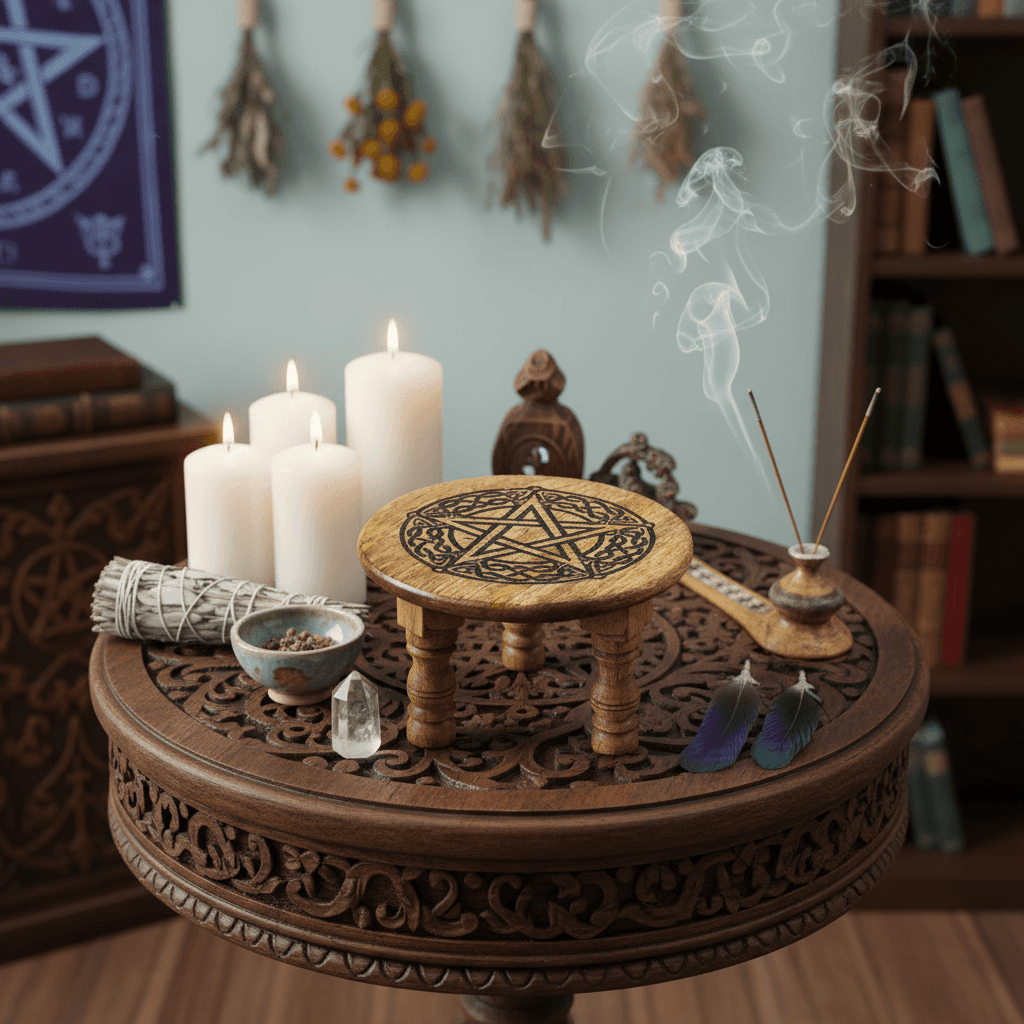 Pentagram Altar Table, 6 Inches Diameter x 4 Inches, detail view