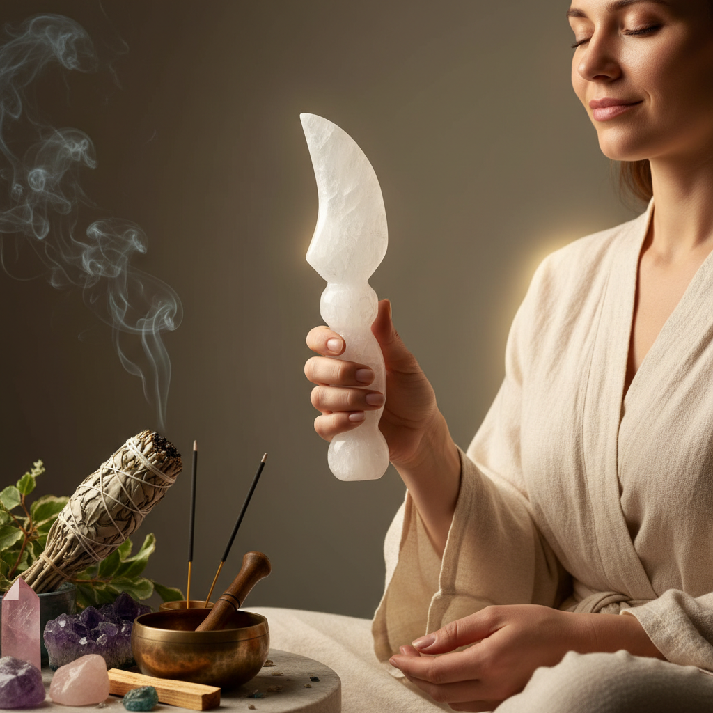 An artistic, lifestyle-inspired scene depicting the Selenite Athame, 10 inches, held upright by a serene practitioner in a softly lit, tranquil meditation space. The athame, with its crystalline glow, is showcased against a blurred organic backdrop featuri