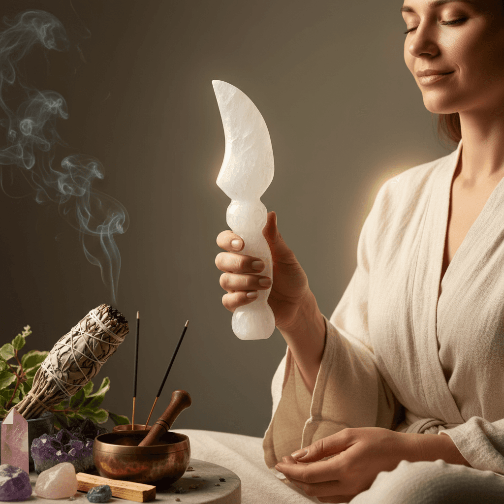 An artistic, lifestyle-inspired scene depicting the Selenite Athame, 10 inches, held upright by a serene practitioner in a softly lit, tranquil meditation space. The athame, with its crystalline glow, is showcased against a blurred organic backdrop featuri