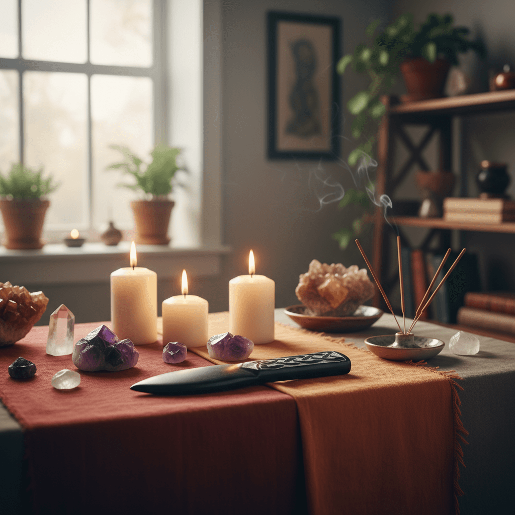 Illustrate a professional lifestyle scene of a ritual space arranged in a softly lit room with ambient daylight diffuse through a window. The 8-inch Black Celtic Soapstone Athame is displayed prominently on an altar draped with rich, earth-toned fabrics, s