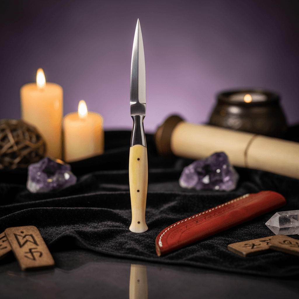 A highly detailed, cinematic studio shot of the 'Bone Slim Athame, 8 1/2 Inch' positioned upright on a dark, textured velvet cloth backdrop, illuminated by a softbox light from above that casts gentle, even illumination across the bone handle to accentuate