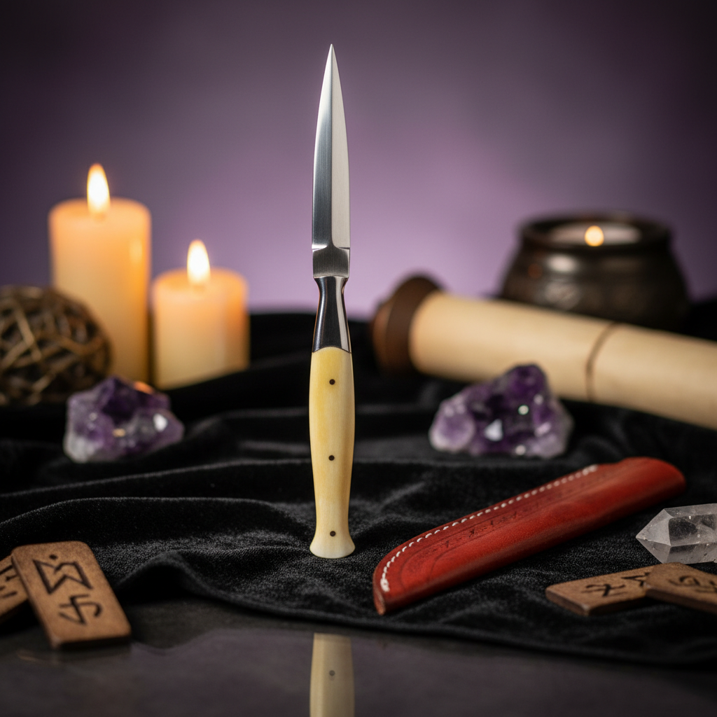 A highly detailed, cinematic studio shot of the 'Bone Slim Athame, 8 1/2 Inch' positioned upright on a dark, textured velvet cloth backdrop, illuminated by a softbox light from above that casts gentle, even illumination across the bone handle to accentuate