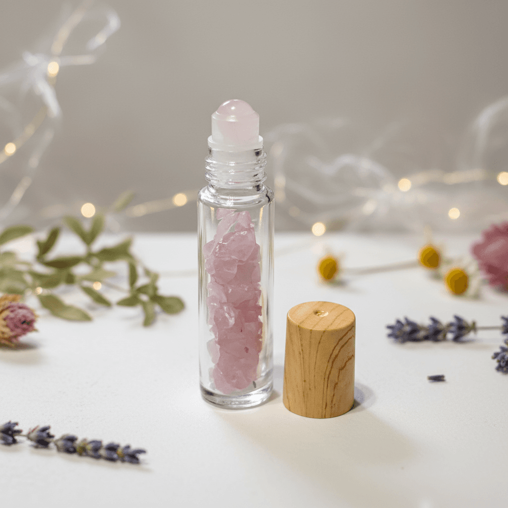 Rose Quartz Crystal Roller Bottle, 10ml, detail view