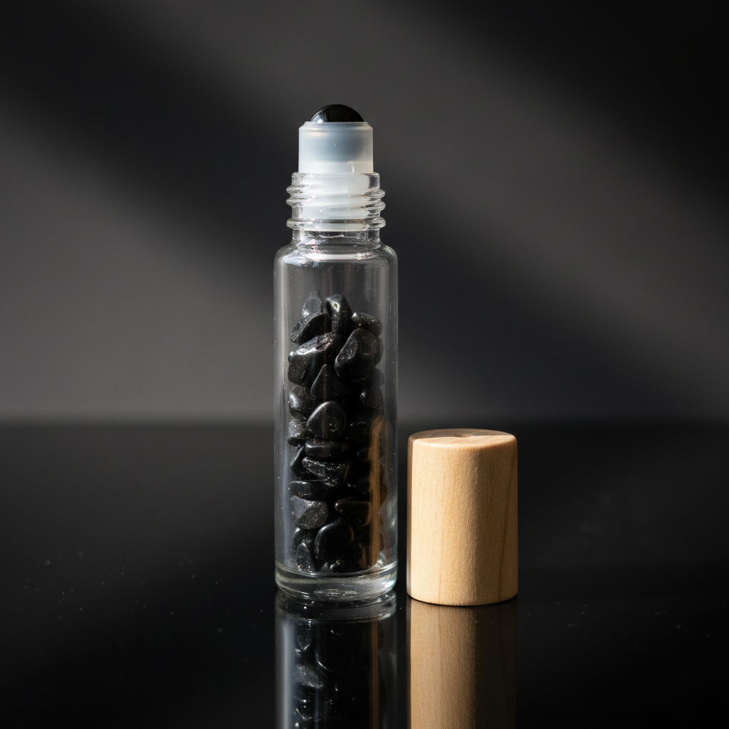 Capture a close-up, studio-shot of the Obsidian Black Roller Bottle, 10ml, perched atop a polished, reflective dark surface. Use high-resolution macro photography with an HDR studio light setup, emphasizing the glossy, smooth texture of the obsidian crysta