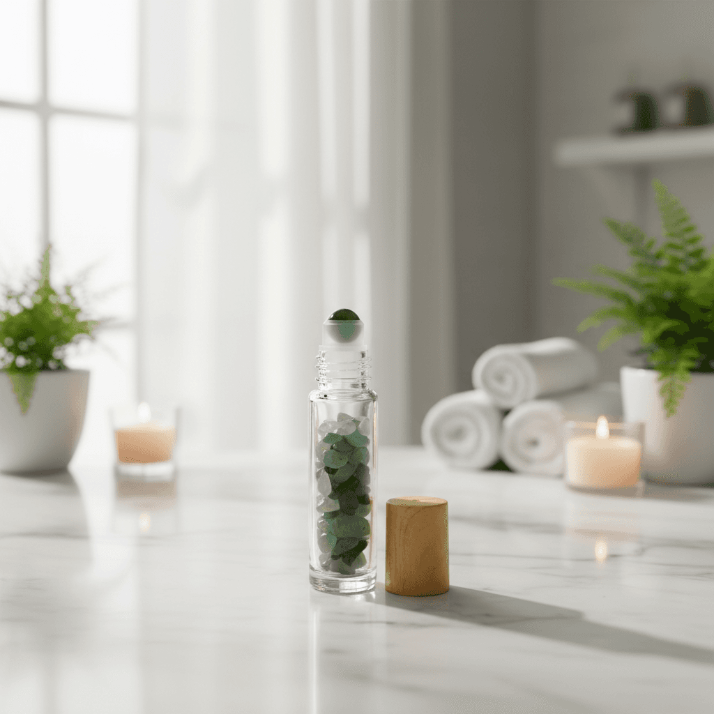 Depict the Green Aventurine Roller Bottle in a calming, meditative spa setting, resting on a smooth white marble counter illuminated by diffused daylight from large studio windows. Use HDR studio lighting to produce even, soft illumination that accentuates