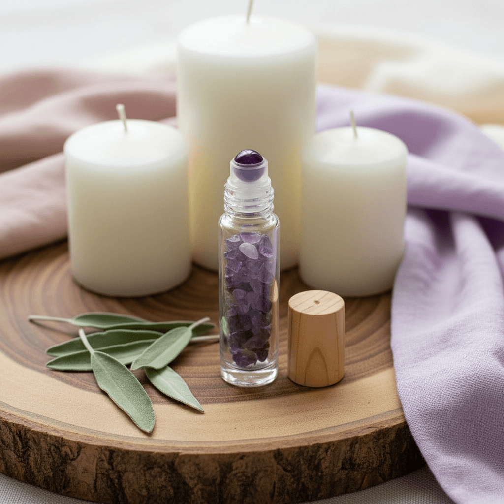 Artistic lifestyle setting showcasing the Amethyst Crystal Roller Bottle, 10ml, placed on a natural wooden surface amidst calming elements like sage leaves, white candles, and soft pastel linens. The shot is taken with a professional ring light to produce