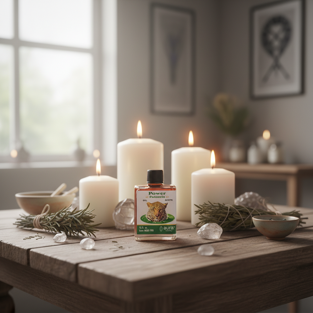 Design a vibrant, lifestyle-oriented scene showing the Power Oil 4 dram in a ritualistic setup, placed on a rustic wooden table with natural daylight filtering through a nearby window, creating a diffused, HDR studio light effect. Surround the bottle with