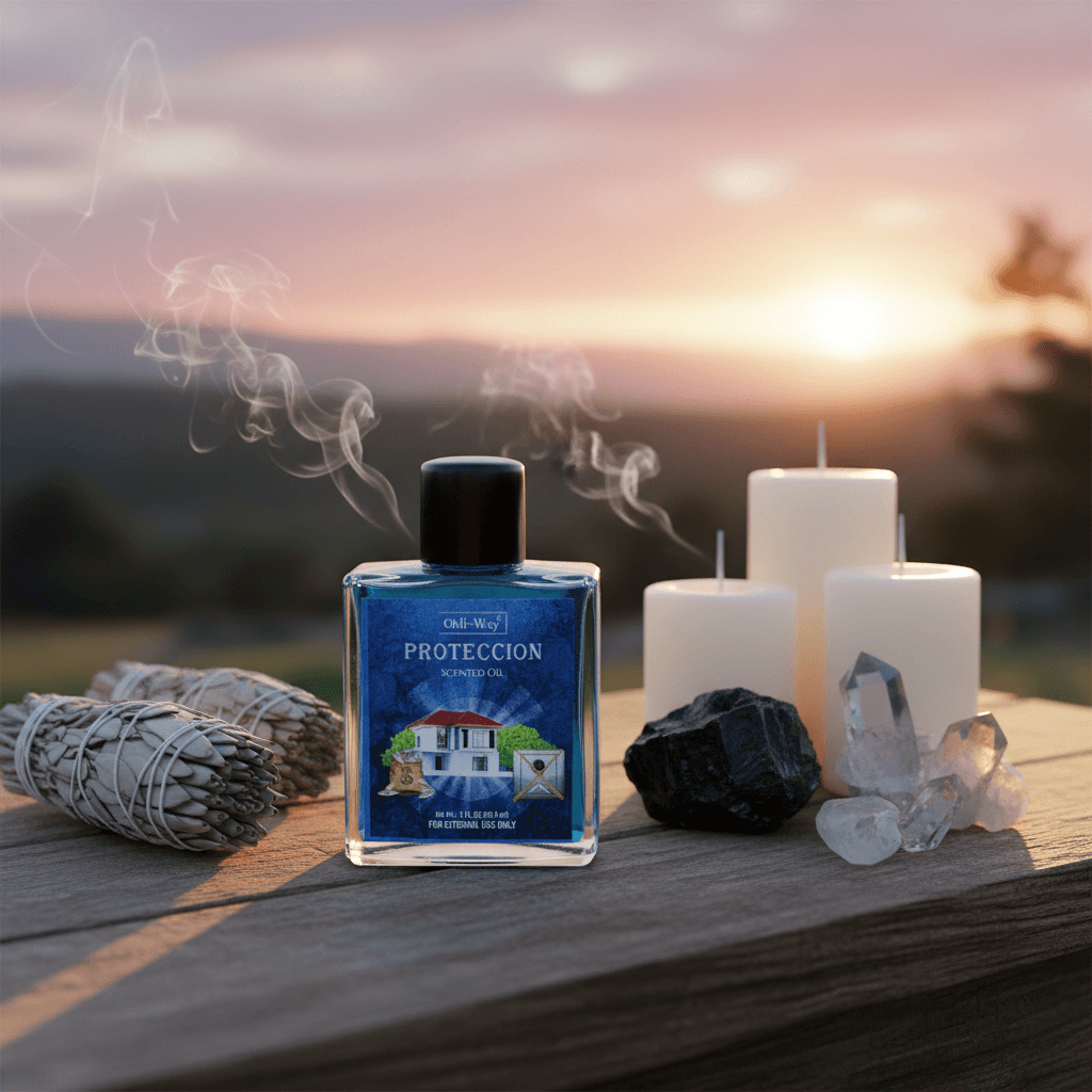 Depict the Proteccion Protection Oil in a serene, ritual-themed scene set outdoors at dawn. Place the 1 oz glass bottle on a rustic wooden altar, surrounded by natural elements like sage bundles, white candles, and crystals. Use HDR studio lighting with di