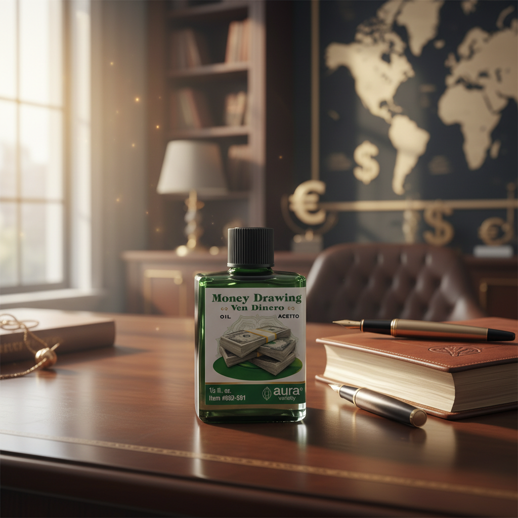 Create a vibrant lifestyle scene featuring the 'Money Drawing oil 4 dram' bottle placed on a polished wooden surface within a well-lit, luxurious office environment. Use HDR studio lighting combined with diffused daylight to bring out the rich textures of