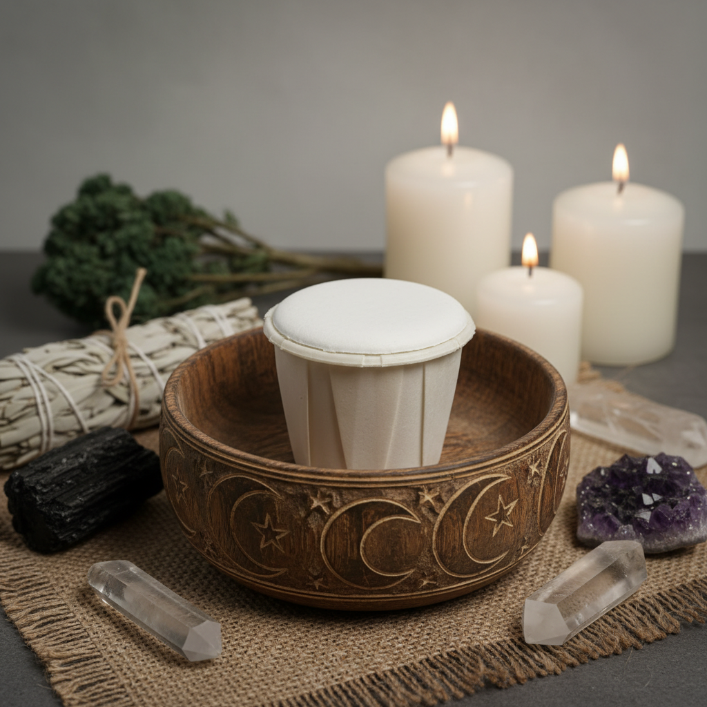 Create a cinematic lifestyle scene featuring Eggshell Ritual Powder (Cascara) in an elegant ritual setting. Position the powder in a carved wooden ritual bowl on a rustic, textured cloth, surrounded by elements like sage bundles, candles, and crystals, sug