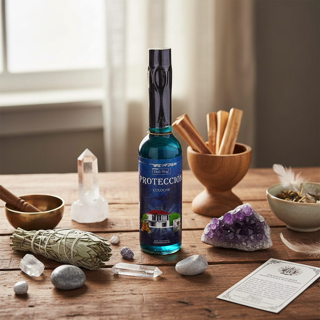 Depict the Protection Cologne, 7.5 oz, in a lifestyle setting on a rustic wooden table illuminated by diffused daylight to evoke an inviting, natural vibe. Use HDR studio lighting to accentuate the rich textures of the bottle’s material, showing off its so