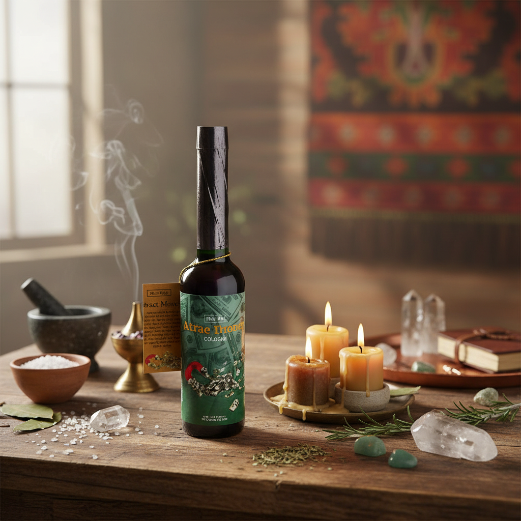 Design a vivid lifestyle scene set in a sophisticated, spiritual ritual space bathed in diffused daylight. Position the Attract Money Ohli Cologne prominently on a ritual altar or side table decorated with crystals, herbs, and candles. Use HDR studio light