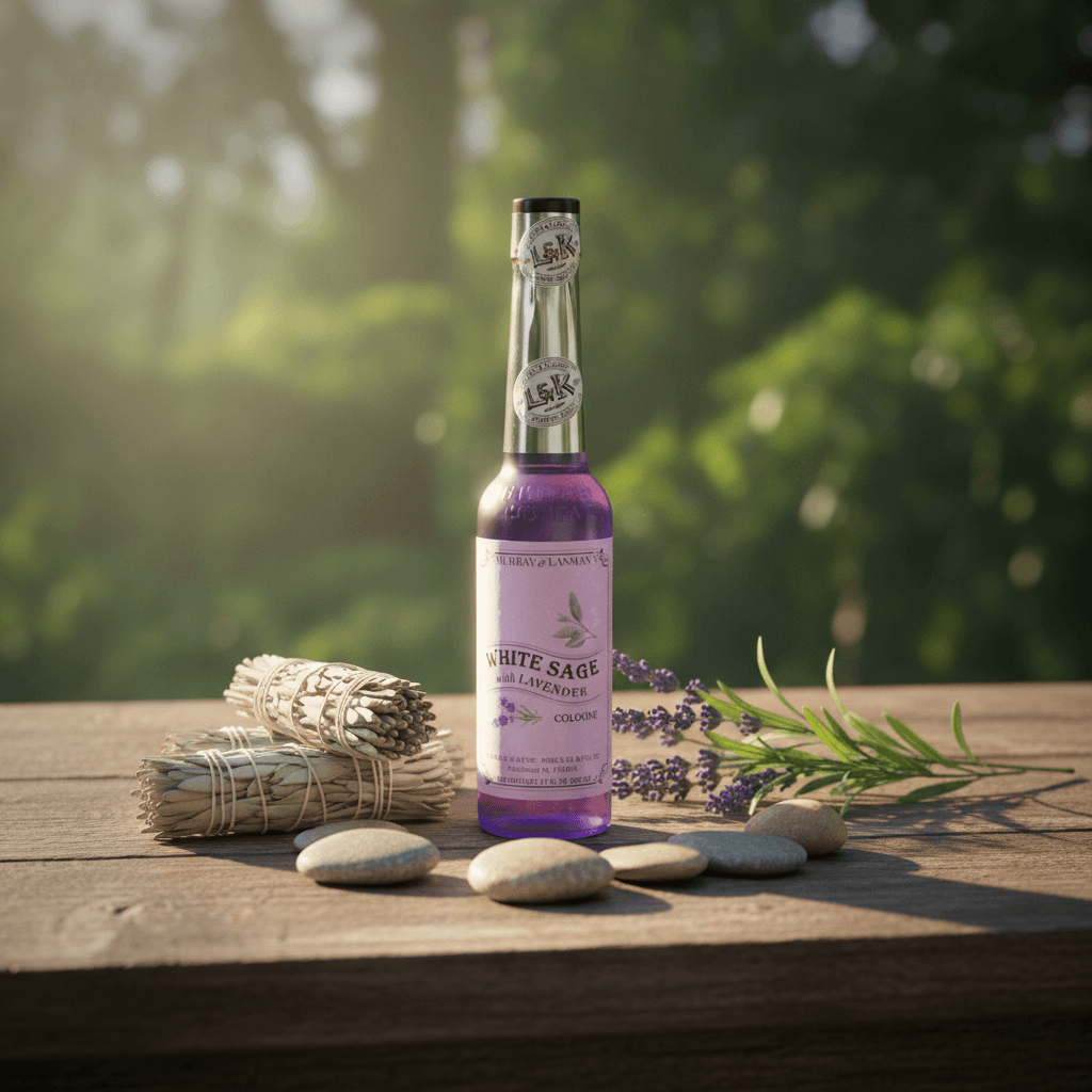 Showcase the White Sage and Lavender Cologne in a serene, naturalistic environment with warm, diffused daylight pouring from the side. Position the bottle on a rustic wooden altar surrounded by natural elements—dried white sage bundles, fresh lavender spri