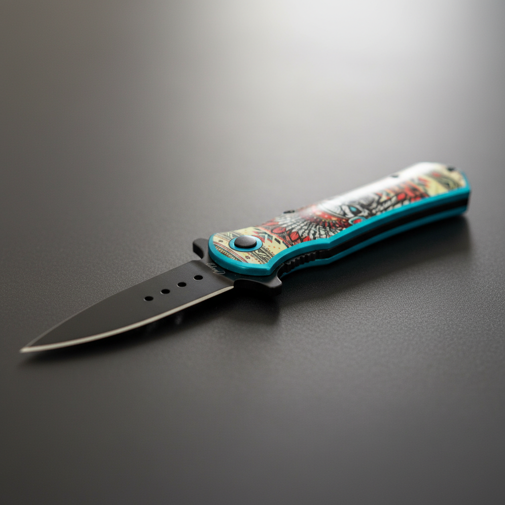 Capture a high-resolution studio shot of the Skull Athame, 4 3/4 Inches, illuminated by softbox lighting for a mystical glow. The ceremonial blade is displayed at a slight angle on a dark matte surface with subtle reflections emphasizing its sharp edge and
