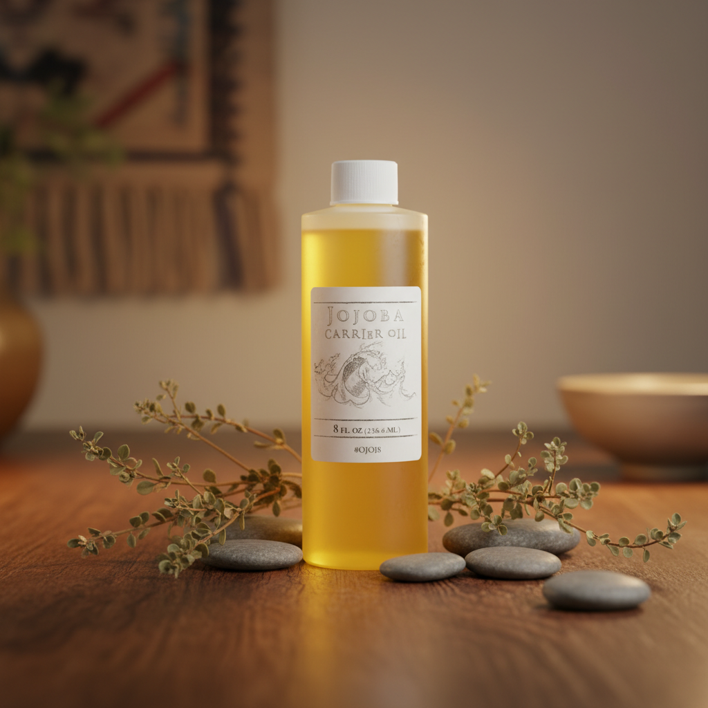 Create a highly detailed image of a 8 fluid ounces bottle of Jojoba Carrier Oil, set in a serene spiritual rituals environment. Use softbox lighting to create a gentle glow that highlights the smooth, amber glass bottle with a textured label emphasizing pu
