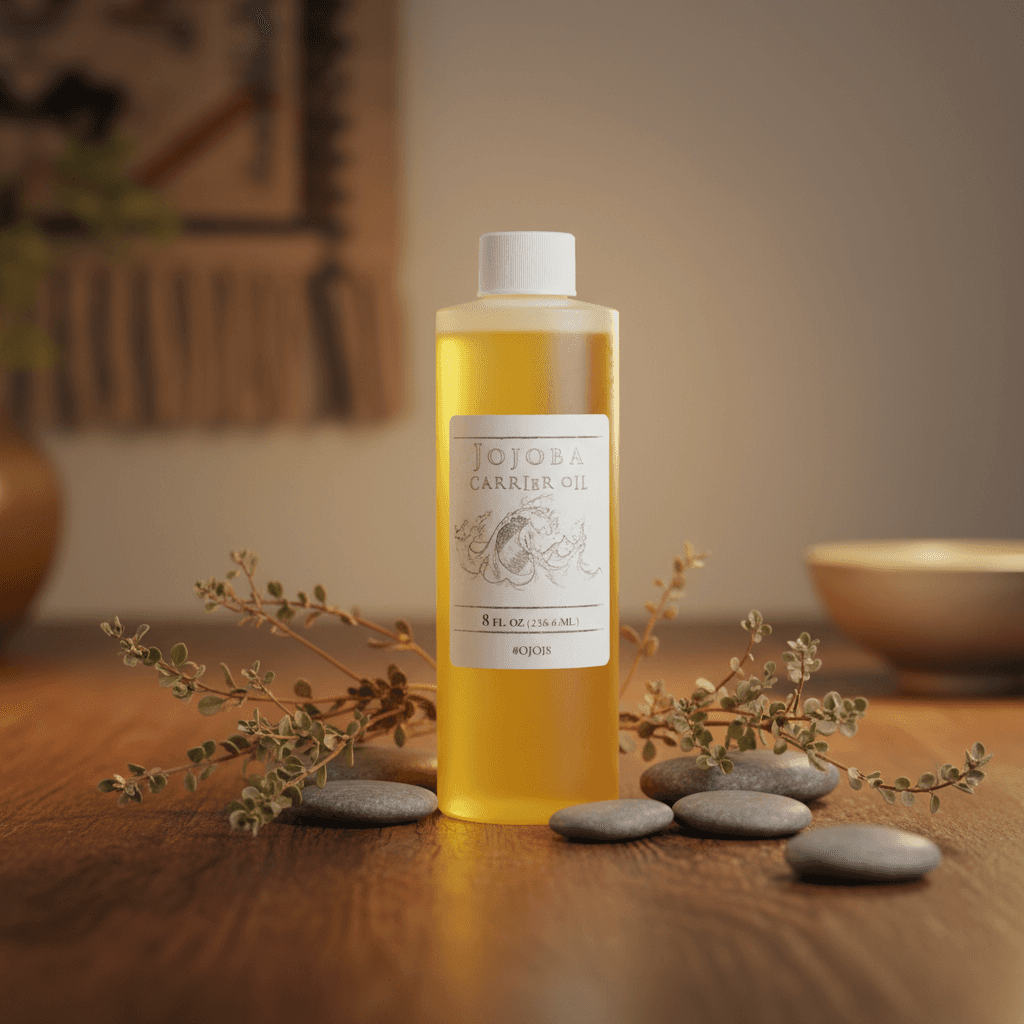 Create a highly detailed image of a 8 fluid ounces bottle of Jojoba Carrier Oil, set in a serene spiritual rituals environment. Use softbox lighting to create a gentle glow that highlights the smooth, amber glass bottle with a textured label emphasizing pu