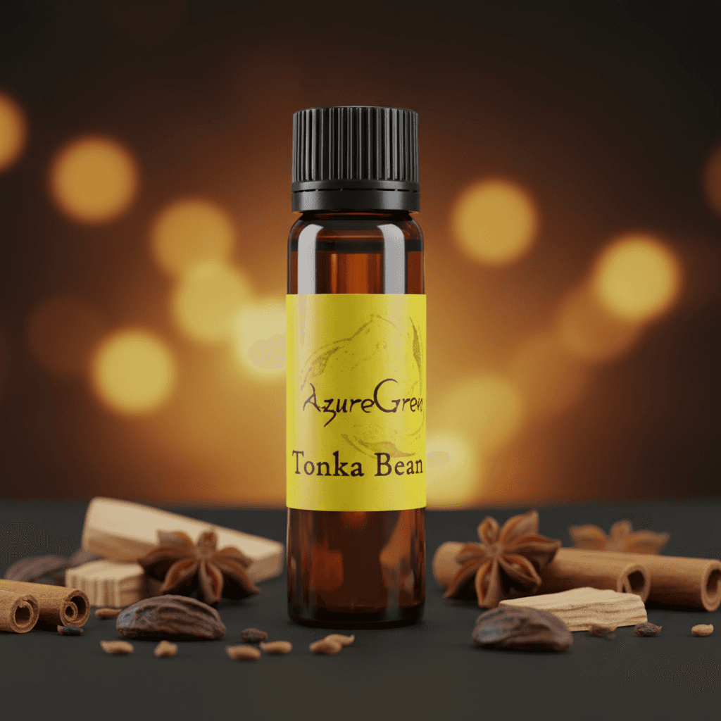 Capture the luxurious essence of Tonka Bean Fragrance Oil, 2 Dram in a sophisticated studio environment illuminated by softbox lighting to highlight the smooth, amber glass bottle nestled among natural wooden and botanical elements that evoke warmth and ea