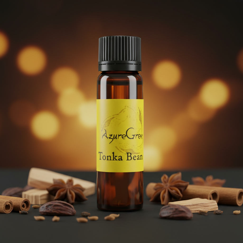 Capture the luxurious essence of Tonka Bean Fragrance Oil, 2 Dram in a sophisticated studio environment illuminated by softbox lighting to highlight the smooth, amber glass bottle nestled among natural wooden and botanical elements that evoke warmth and ea