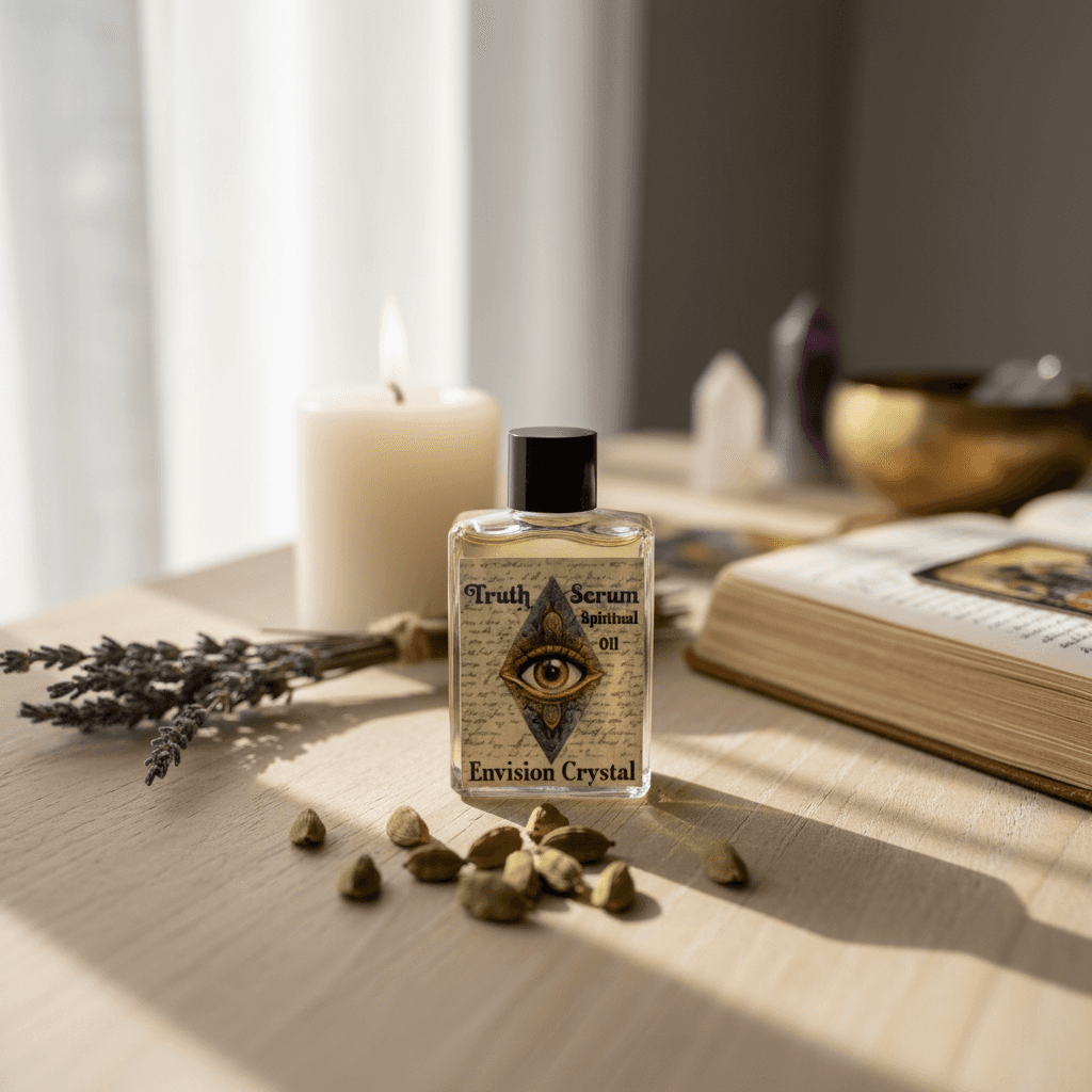 A vibrant lifestyle setup featuring the 'Truth Serum 4 dram' placed on a natural wooden table in a softly lit, airy room decorated with elegant mystical and spiritual elements. The camera angle is a slight overhead close-up, shot with a 50mm lens to captur
