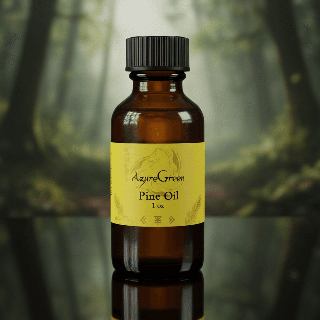 A highly detailed studio shot of a 1 oz bottle of Yellow Label Pine Oil from AzureGreen, captured from a slightly elevated front angle, with a focus on the sleek, amber glass container that exudes a mysterious and empowering aura. The setting features soft