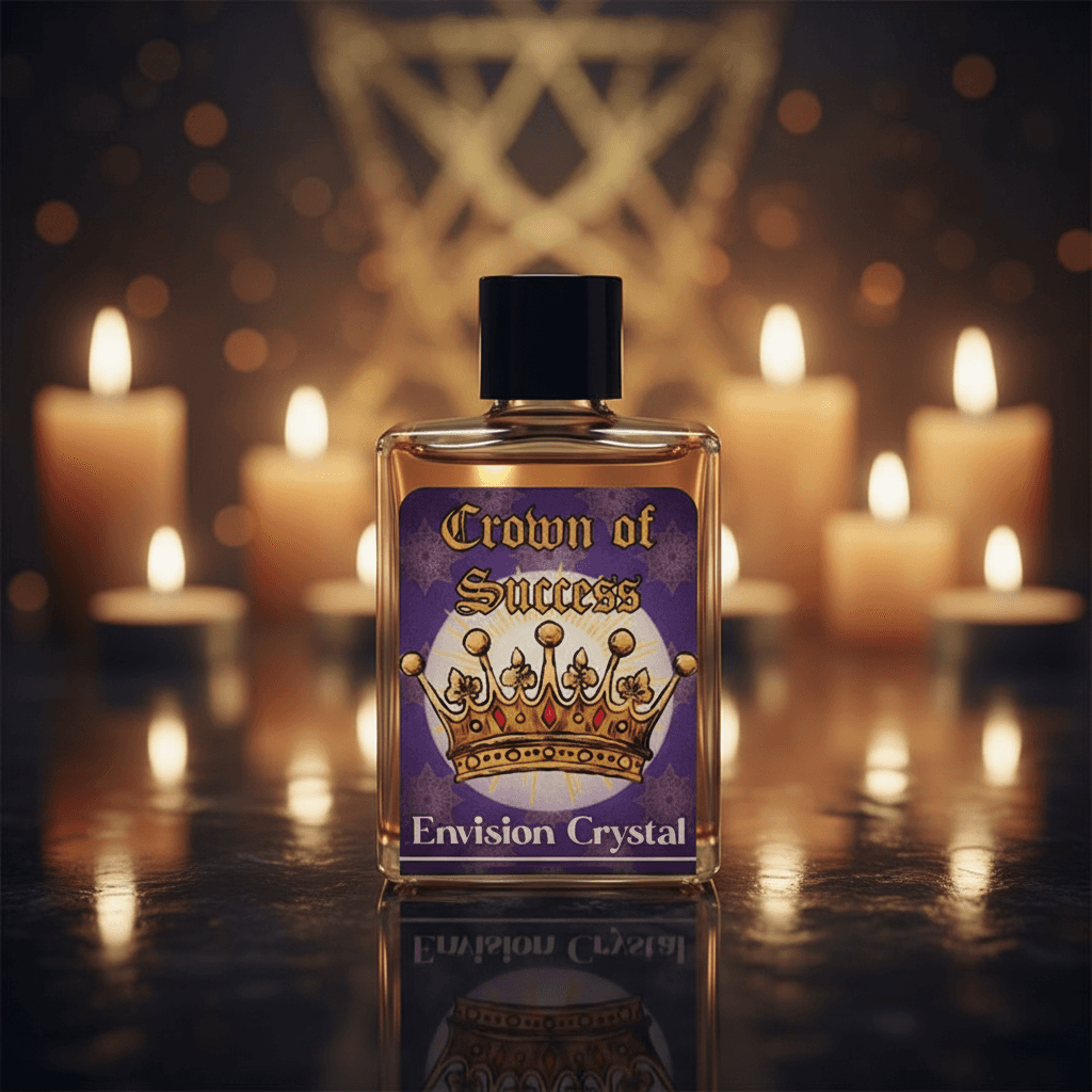 Visualize a dramatic, styled shot of the 'Crown of Success 4 dram' spiritual oil in a serene, high-end setting. Employ HDR studio lighting from multiple angles to accentuate the subtle sheen of the white amber and bergamot scents. Position the oil elegantl