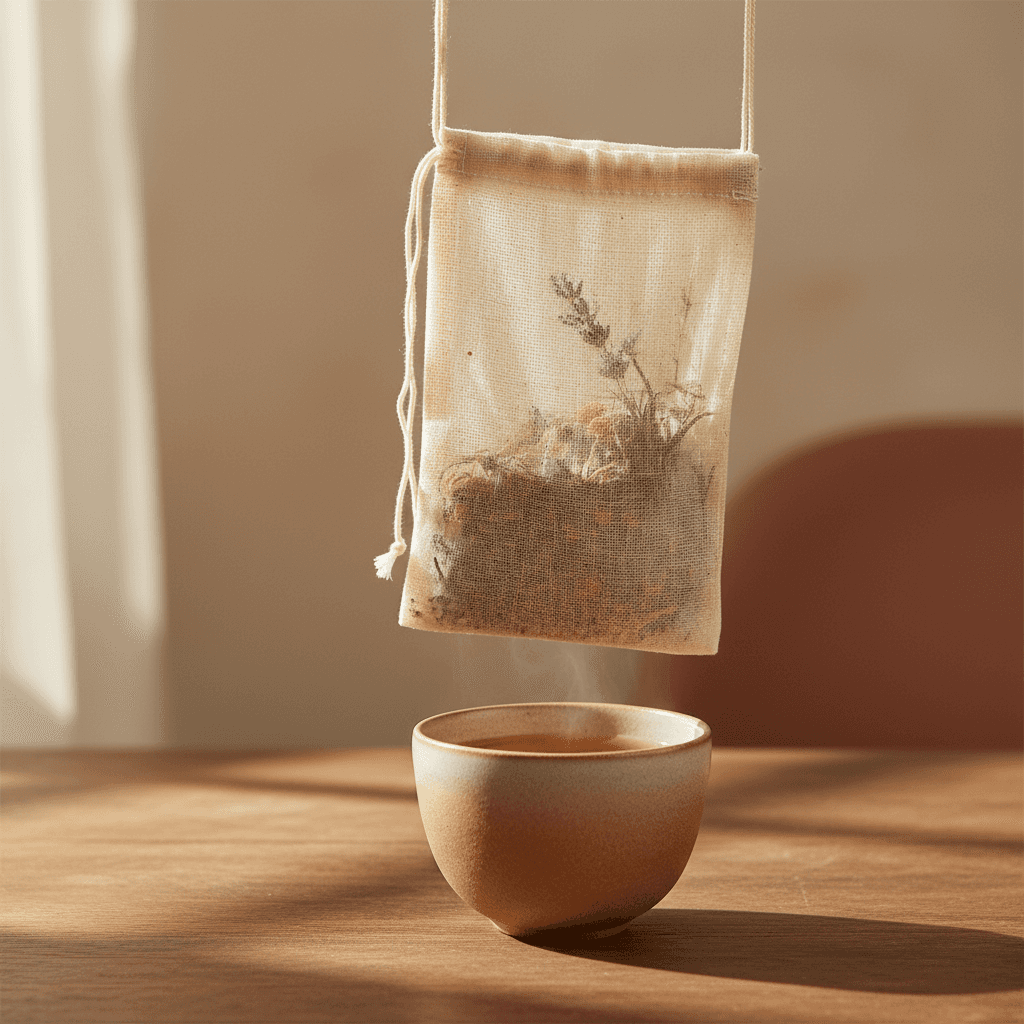 A sophisticated lifestyle scene showcasing a single cotton tea bag, suspended against a minimalistic, earthy-toned backdrop with warm, natural light highlighting its breathable, woven cotton material. The setting includes a small, elegant ceramic cup fille