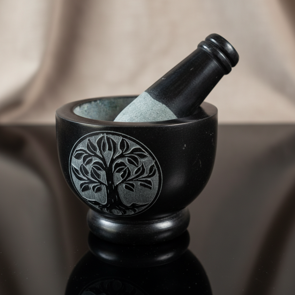 A highly detailed studio shot of the 'Tree of Life Soapstone Mortar and Pestle Set, 4''', placed on a sleek, reflective black surface under HDR studio lighting that highlights the smooth, matte texture of the soapstone. The scene is illuminated using softb