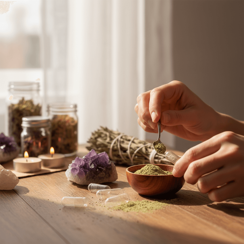 A cinematic lifestyle scene set in a serene, softly lit spiritual workspace. The focus is on a person's hands delicately filling a clear, reusable capsule with finely ground herbal blend. The scene captures the intimate ritual amid ambient natural daylight