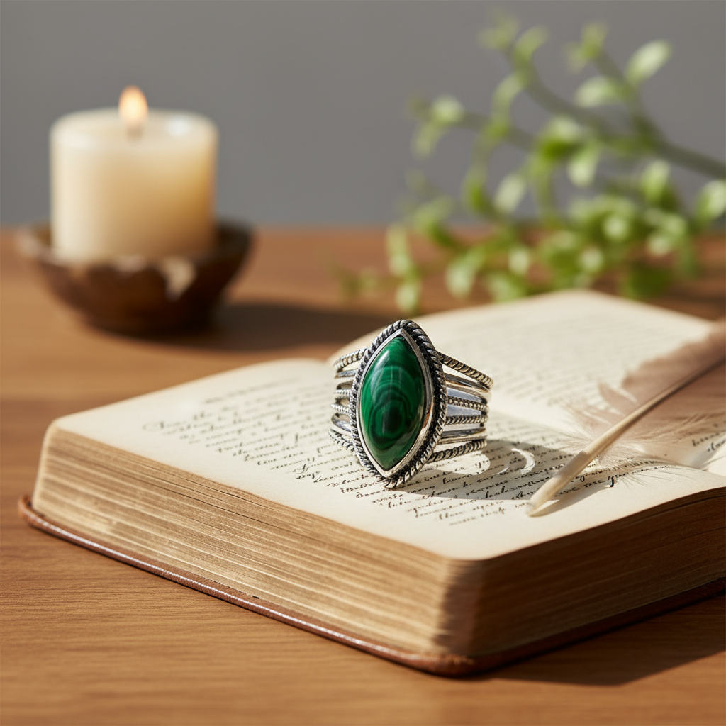 For the second prompt, visualize a styled lifestyle scene set on a tranquil, softly illuminated wooden table bathed in natural, diffused daylight, creating a warm, inviting atmosphere. The size 12 Malachite Marquise Ring rests gently on an open, vintage le