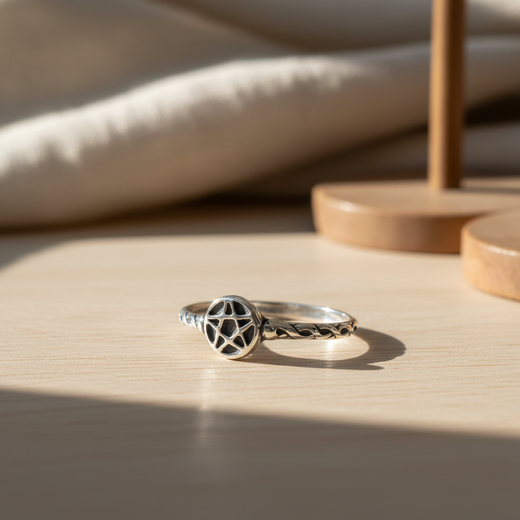 Construct a cinematic, high-resolution image of the sterling silver pentagram ring size 6 displayed on a light wood surface with soft natural daylight streaming from the side, creating gentle shadows to accentuate the textured rope detailing along the band