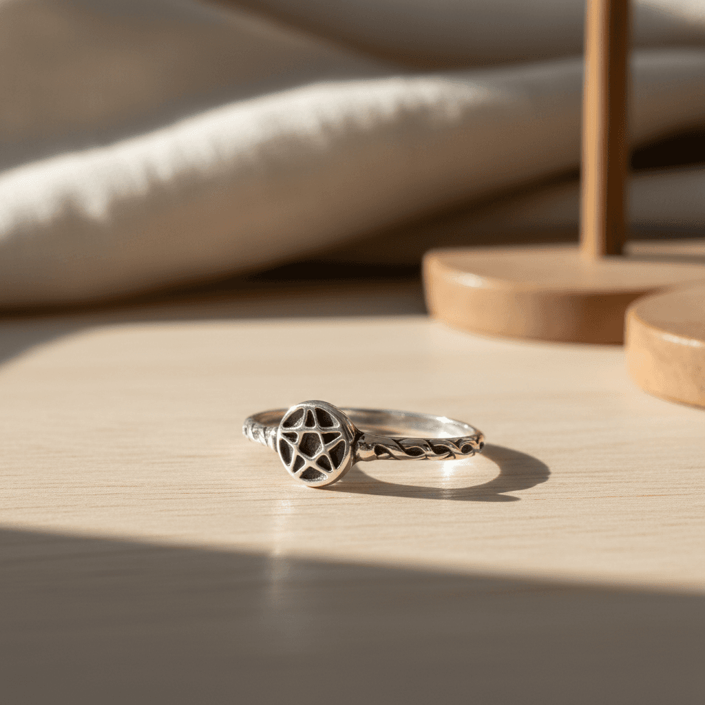 Construct a cinematic, high-resolution image of the sterling silver pentagram ring size 6 displayed on a light wood surface with soft natural daylight streaming from the side, creating gentle shadows to accentuate the textured rope detailing along the band