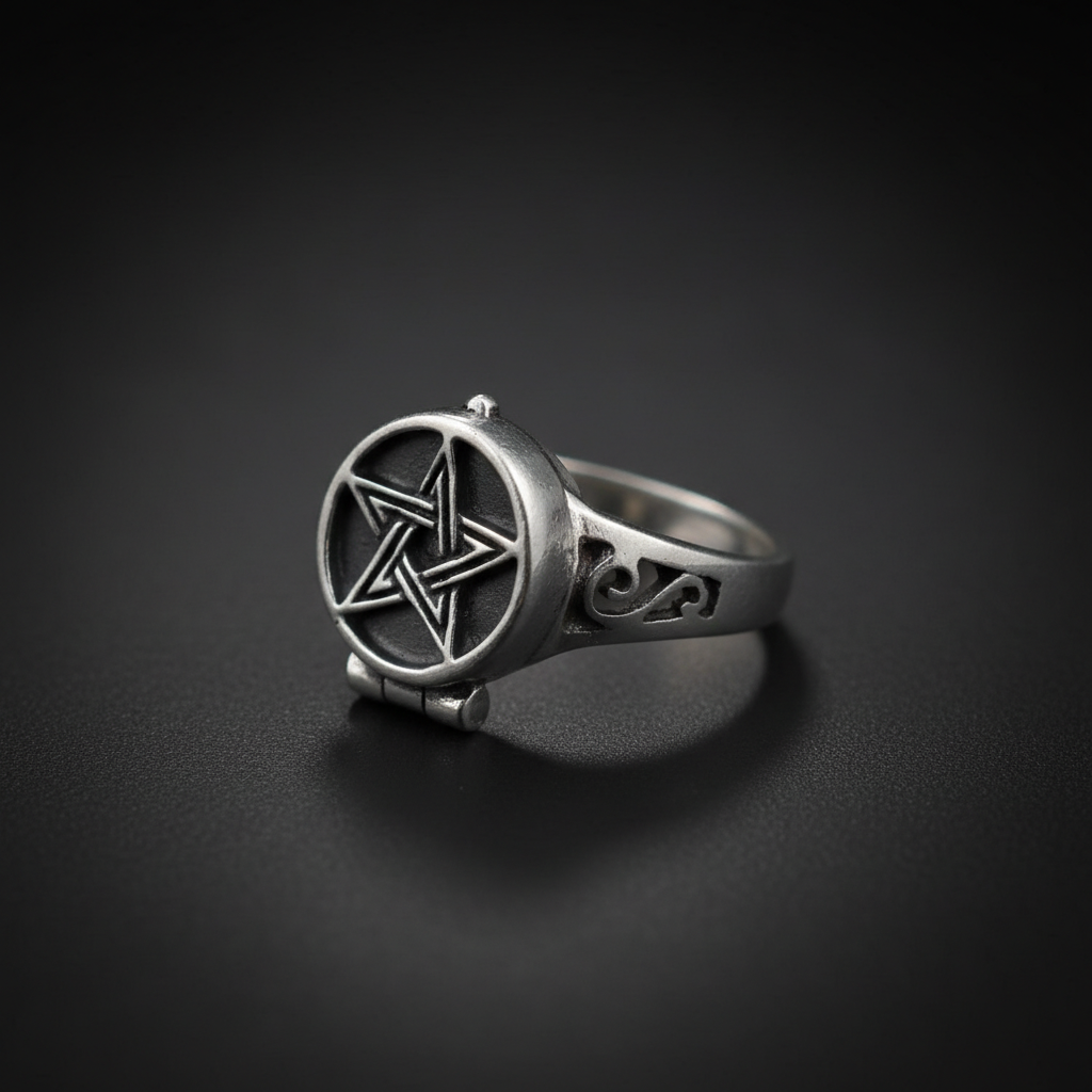 Create a highly detailed, cinematic studio scene focusing on a sterling silver size 8 Pentagram Poison ring. Use softbox lighting to softly highlight the intricate pentagram design, emphasizing its polished metallic texture against a dark, matte background