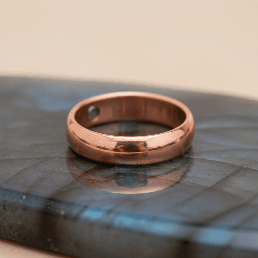 A close-up, high-resolution image of a copper magnetic solid band ring size 9, expertly displayed on a minimalist, reflective gemstone surface. The ring is illuminated with softbox lighting that highlights its rich, warm copper hue and the subtle texture o