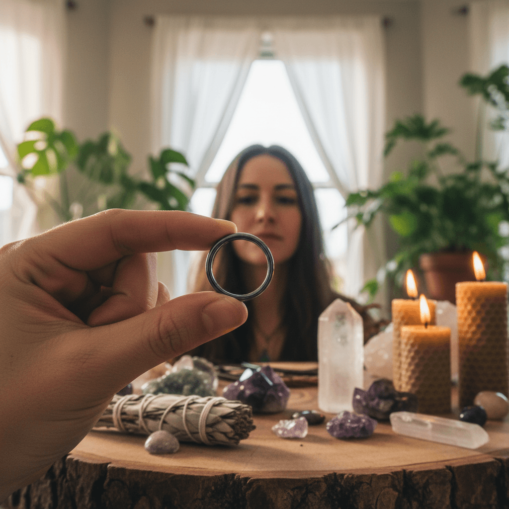 Create a cinematic lifestyle scene featuring a mystical healer’s workspace illuminated by diffused daylight, where a hand gently holds a single flat hematite ring above a natural wood altar adorned with sage, crystals, and candles. The ring's matte surface